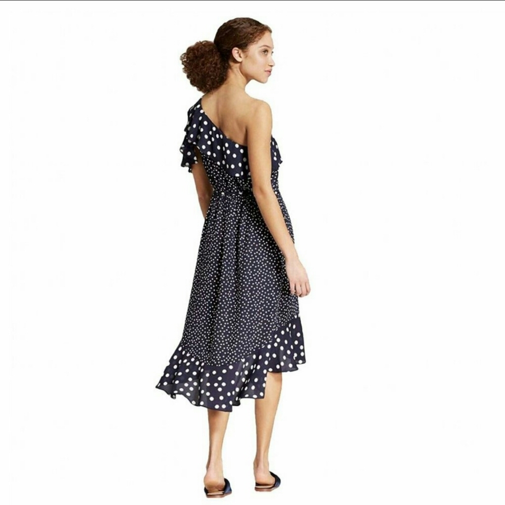 NWT a new day one shoulder navy/white polka dot dress hi low hem